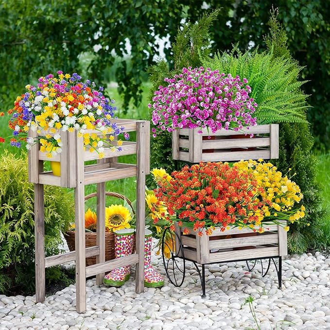 Ouddy Decor 12 Bundles Artificial Flowers for Outdoors UV Resistant Fake Plastic Plants Faux Boston Fern Greenery Stems for Spring Summer Indoor Garden Patio Window Box Kitchen Home Decor, Mixedcolor