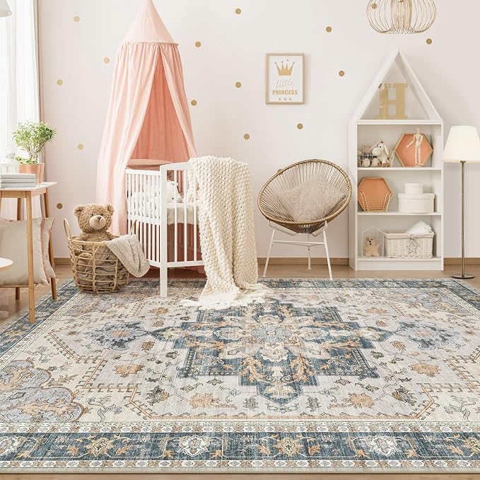 Tortania Area Rug Living Room Rugs - 5x7 Washable Boho Rug Vintage Oriental Distressed Farmhouse Large Thin Indoor Carpet for Living Room Bedroom Under Dining Table Home Office - TealTaupe