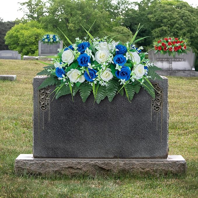 DONODA Cemetery Tombstone Flower Saddle - Outdoor Grave Decorations - Non-Bleed Colors, Rose Combination Flower (Dark Blue and White Saddle)