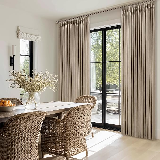 Tan Linen Pleated Curtains 102 Inch Length Camel Beige Neutral Semi Sheer Privacy Back Tab Memory Trained Pinch Pleat Curtain with Hooks Rings Country Linen Textured Drapes for Living Room 2 Panels