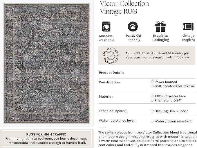 HUGEAR Area Rugs 6x9 Blue Washable Rug for Living Room Bedroom Neutral Vintage Rug Carpet Distressed Soft Durable Non Slip No Shedding for Indoor Dining Nursery Farmhouse