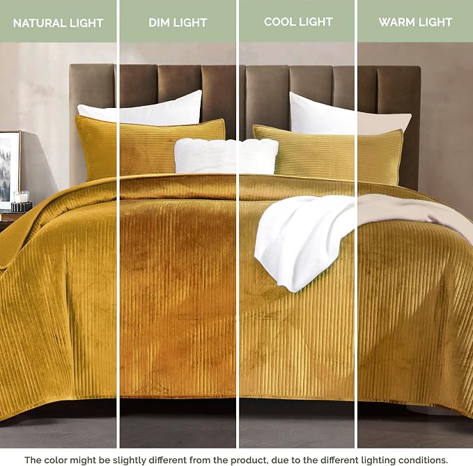 Elegant Comfort Luxury 3-Piece Velvet Corduroy Stripe Quilt Set, Ultra Soft Bedspread - Cozy Velvet Coverlet Set - 3PC Medium Weight Quilted Set with Matching Pillow Shams, Twin, Gold