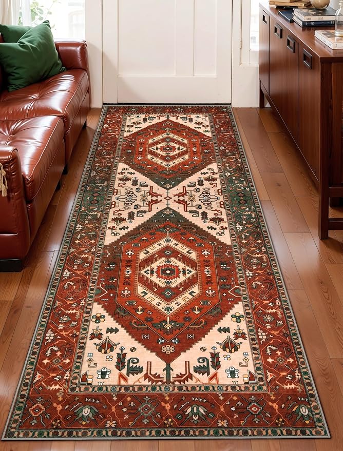 SERISSA Boho Washable Runner Rug, 2x6 Rug Runner Non-Slip Vintage Terracotta Green Hallway Kitchen Runner Rug Ultra Soft Print Distressed Floor Carpet Runner for Bedroom Laundry Living Room