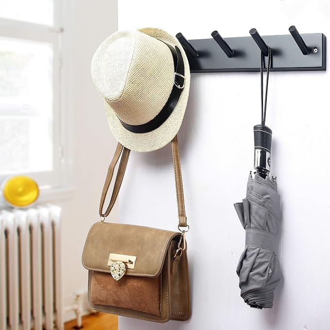 WEBI Coat Rack Wall Mounted,16" Hole to Hole,Coat Hanger Wall Mount with 5 Coat Hooks for Hanging,Hook Rack Peg Rail for Hats,Jacket,Clothes,Towels,Black