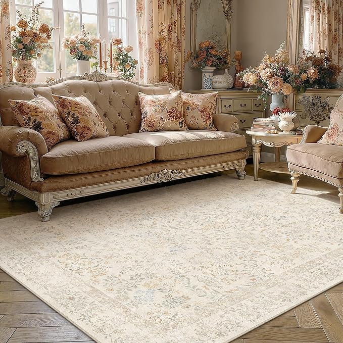 PureCozy 5x7 Beige Area Rug for Living Room Bedroom Washable Vintage Floral Carpet Low Pile Non Slip Botanical Aesthetic Dining Room Soft Accent Throw Rug Nursery Office Indoor