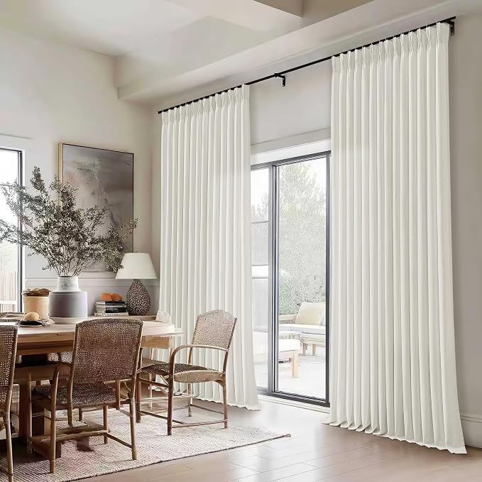 Natural Beige Semi Sheer Pinch Pleated Linen 70 Inch Extra Wide Curtains | Cream Ivory, 108 inch Extra Long Floor To Ceiling, Light Filtering Privacy, Living Room, Burlap Textured, Memory Shape