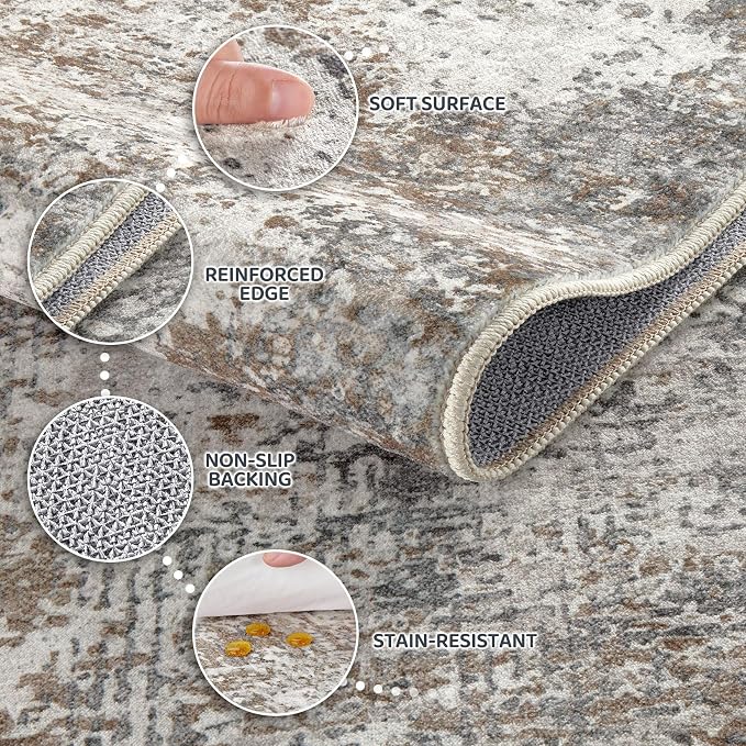 DMOYEST Area Rug Living Room Rugs - 2x3 Washable Soft Neutral Modern Abstract Low Pile Rug Carpet for Bedroom Dining Room Farmhouse Home Office - Brown/Grey/Black