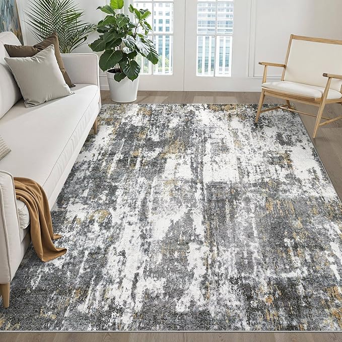6x9 Area Rugs Living Room: Washable Large Neutral Rug Abstract Soft Modern Stain Resistant Indoor Floor Non-Slip Carpet for Bedroom Nursery Kids Office Playroom Dining Room- Black White Gold