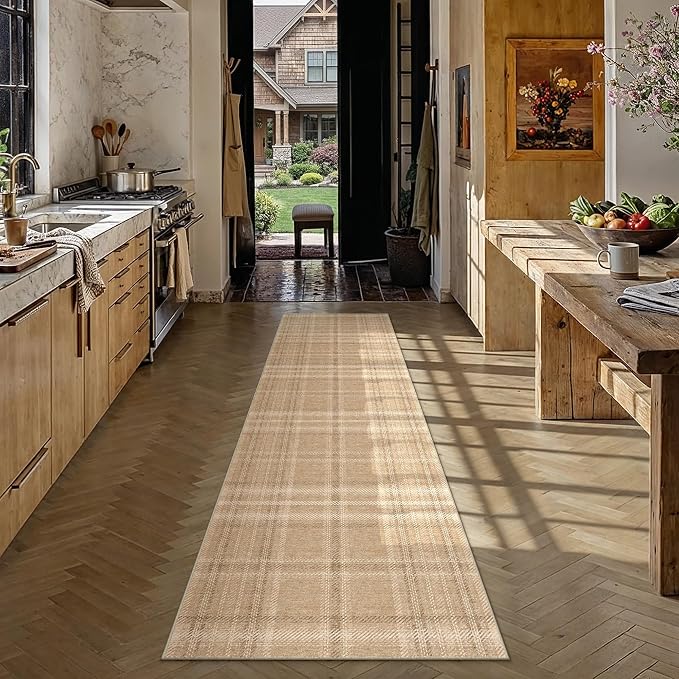 2x8 Brown Runner Rug for Kitchen Machine Washable Low Pile Checkered Carpet Modern Accent Soft Non Slip Rug for Bathroom Bedroom Nursery Indoor
