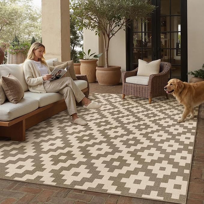 PureCozy Brown 6x9 Area Rug for Living Room Machine Washable Large Rug Non-Slip Soft Low Pile Carpet Checkered Stain Resistant Indoor Office Throw Rug for Bedroom Dining Room