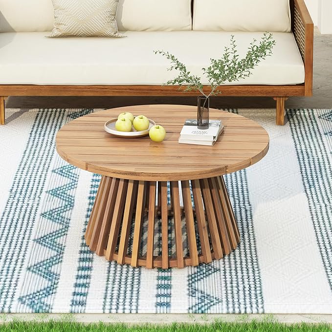 Christopher Knight Home Hakee Acacia Wood Patio Coffee Table, Round Coffee Table with Unique Wooden Base, Stylish Indoor/Outdoor Table, Easy Assembly, 31.5" x 31.5" x 16", Light Teak