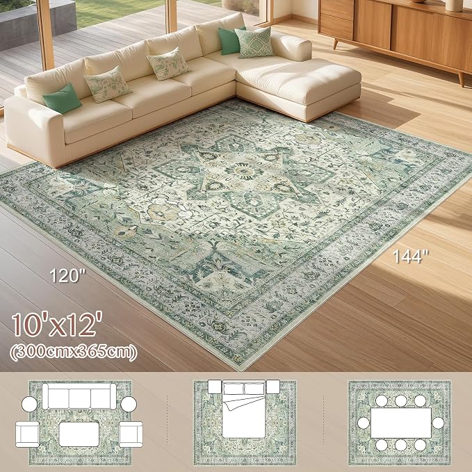 Tortania Area Rug Living Room Rugs - 10x12 Washable Boho Rug Vintage Oriental Distressed Farmhouse Large Thin Indoor Carpet for Living Room Bedroom Under Dining Table Home Office - Green