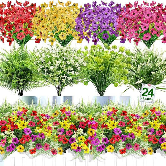 24 Bundles 8 Styles Artificial Flowers for Outdoors UV Resistant Fake Flowers Faux Plastic Plants Colorful Daisy Boston Fern Lavender Cemetery Flowers for Outside Indoor Home Porch Patio Spring Decor