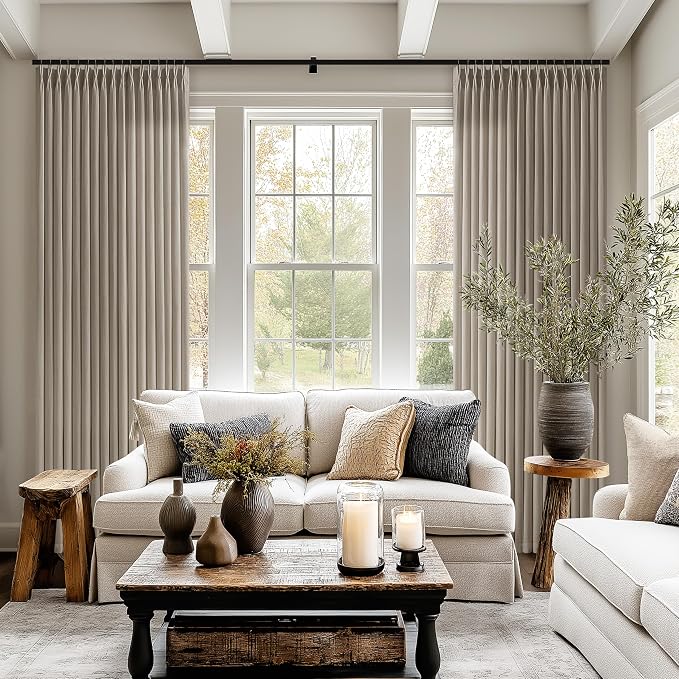 Taupe Linen Curtains 86 Inch Length 2 Panels Set for Living Room Pinch Pleated Semi Sheer Window Drapes Light Filtering Burlap Flax Bedroom Curtain with Back Tab Grey Beige Brown Burlywood Birch