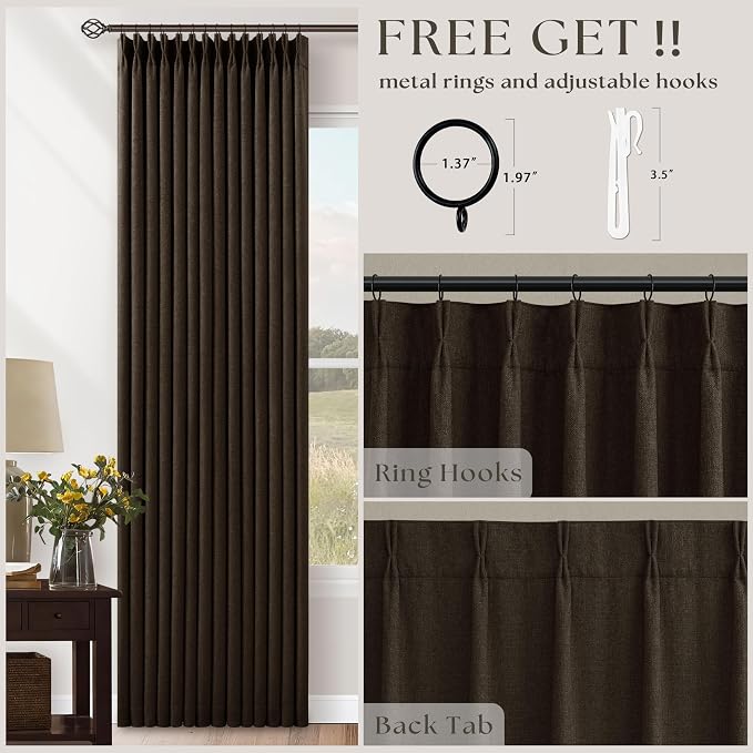 100% Blackout Linen 102 Inch Curtains 2 Panel Set for Bedroom Pinch Pleated Dark Brown Chocolate Linen Insulated Heavy Curtain 40 x 102 Inches Length Sliding Glass Door Room Darkening Drapes