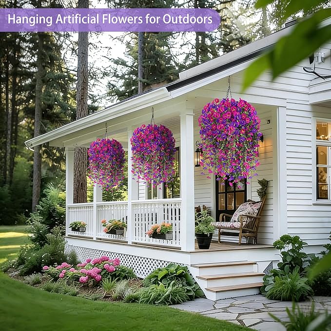 Artificial Hanging Flowers with Basket, 480 Blooms UV Resistant Faux Morning Glory Silk Plants, Fast & Easy Assembly Fake Hanging Baskets for Outdoor Porch Patio Garden Decor, Fuchsia&LightPurple