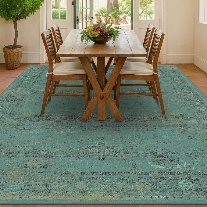 Turquoise Green 10x14 Washable Extra Large Area Rug for Living Room, Non Slip Low Pile Vintage Boho Carpet, Distressed Teal Geometric Rug for Dining Room, Bedroom, Farmhouse Home Décor