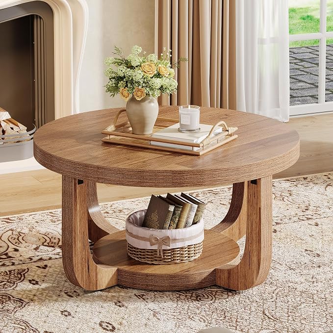 Tribesigns Round Coffee Table, 2-Tier Circle Coffee Table with Storage, Modern Wooden Accent Center Table for Living Room, Thick Tabletop & Base (Rustic Brown)