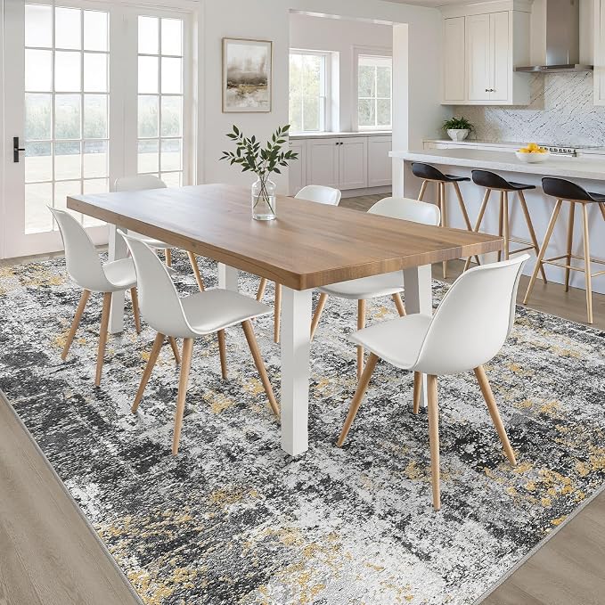10x12 Area Rug Living Room: Washable Large Neutral Rug Abstract Soft Modern Stain Resistant Indoor Floor Non-Slip Carpet for Bedroom Nursery Kids Office Playroom Dining Room Under Table- Black Gold