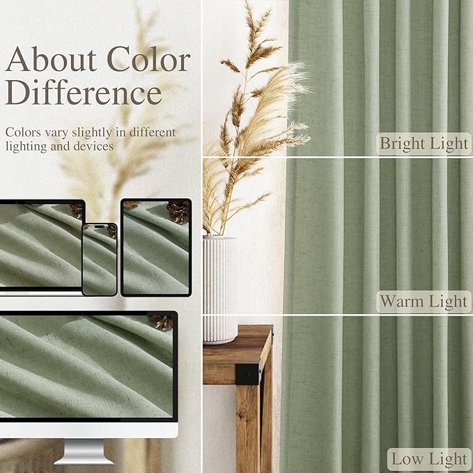 Nanspring Light Sage Linen Curtains 100 Inches Long for Living Room 2 Panels Set Extra Long Back Tab Modern Curtain Semi Sheer Light Filtering Drapes Floor to Ceiling for Large Windows 52x100