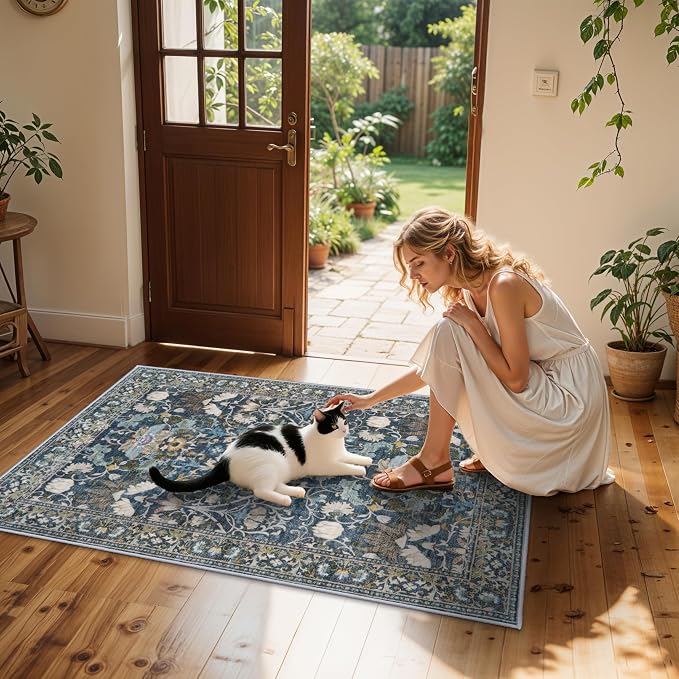 Washable 3x5 Entryway Area Rugs: Ultra Soft Low Pile Carpet for Kitchen Nursery Indoor Light-Weight Doormat Anti-Slip Thin Entry Rug for Living Room Bedroom Small Vintage Floor Mat(3x5,Floral/Blue)