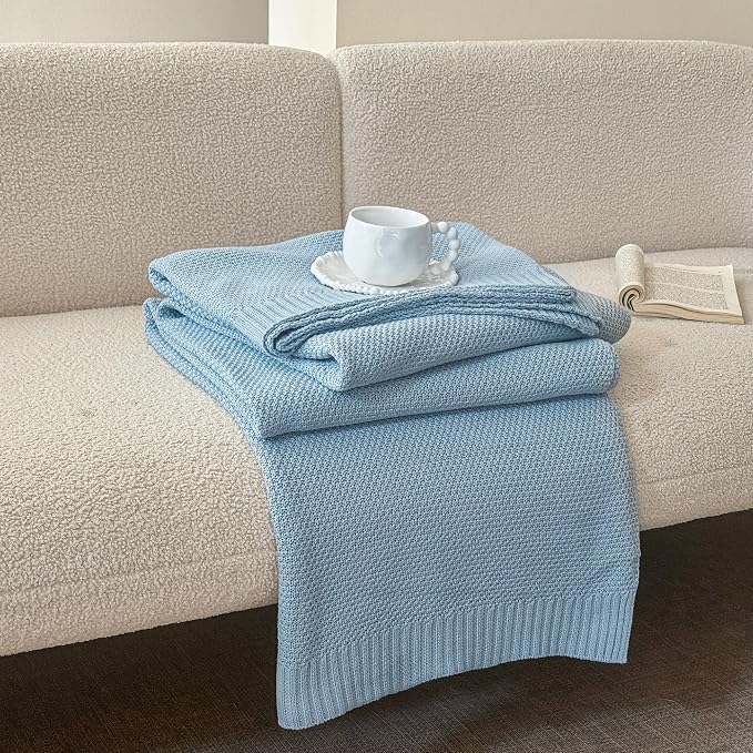 Simple&Opulence 100% Cotton Blanket King Size, Solid Color Cable Knitted Blanket Super Soft Comfortable Breathable Decorative Farmhouse for Couch Sofa Bed, All Season Use(Winter Blue,104x90)