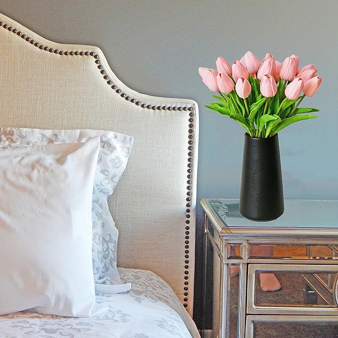 Mandy's Light Pink Artificial Tulips Flowers Centerpiece, 13.5" Lifelike PU Fake Floral Stems 20pcs for Kitchen Island & Dining Table, Spring Decor for Easter