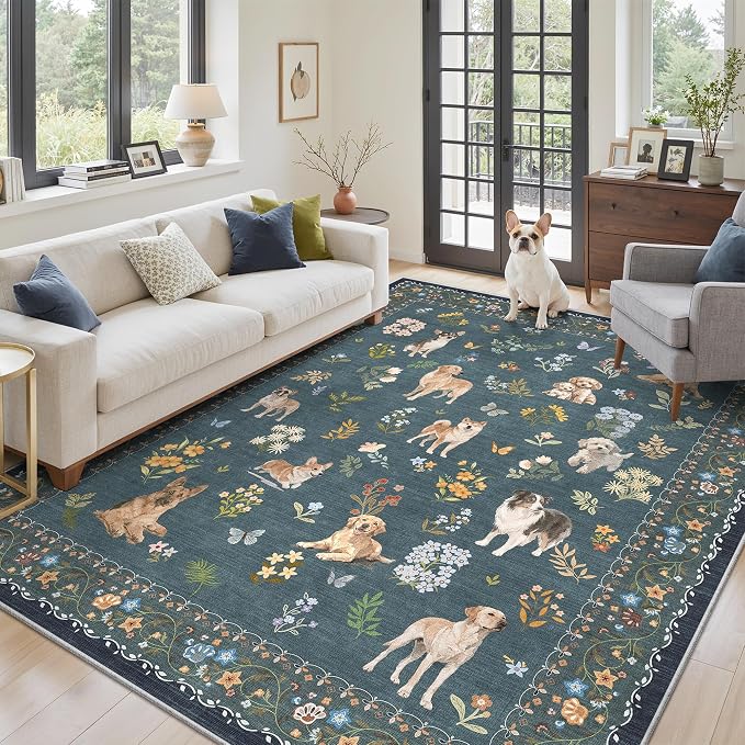 Soalmost Dog 6x9 Area Rugs for Living Room, Machine Washable Animal Floral Vintage Rug Non-Slip Low Pile Soft Throw Rugs for Bedroom Dining Room Kitchen Nursery Playroom (6 x 9,Navy Blue)