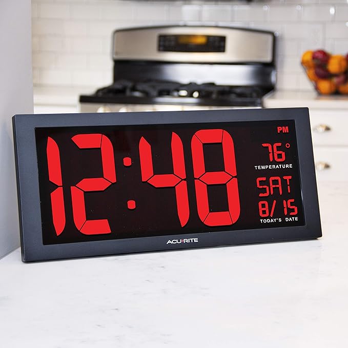 AcuRite 14.5" Large Digital LED Oversized Wall Clock with Date and Temperature, Perfect for Home or Office (75127M), Red