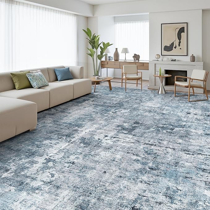 Soalmost 10x14 Area Rugs for Living Room, Non Slip Machine Washable Vintage Rugs, Low Pile Lightweight Large Rug for Bedroom, Dining Room, Home Office Blue