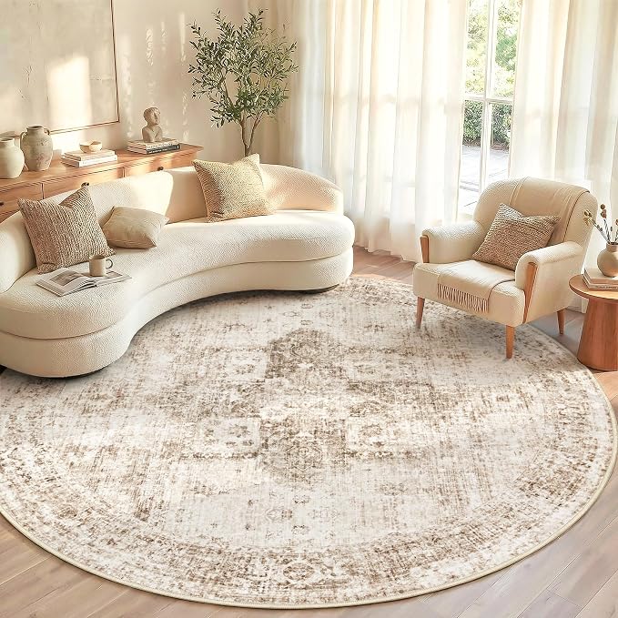Round Rugs 6ft Washable Rug, Vintage Boho Medallion Rugs Non-Slip Soft Low Pile Circle Distressed Rug Indoor Retro Carpet for Living Room Bedroom Dining Room Home Office (Brown, 6' Round)