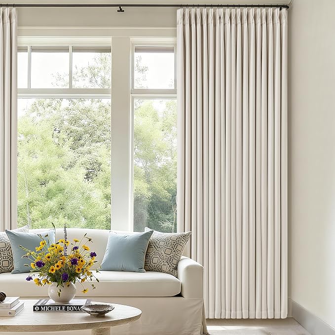 Ivory Cream Linen Blackout Curtains 112 Inches Long for Bedroom Neutral Boho Pinch Pleated 100% Black Out Room Darkening Sound Dampening Window Drapes Double Layer Soundproof 112 Inch Curtains