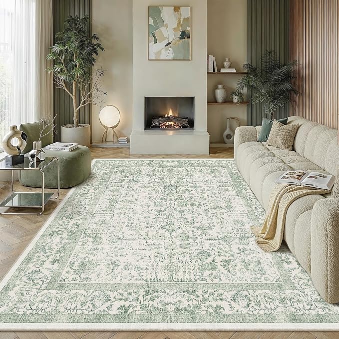 PureCozy Sage Green Area Rug 9x12 Living Room Washable Carpet Vintage Distressed Non Slip Bedroom Carpet Neutral Low Pile Retro Floral Farmhouse Large Rug Home Office Dining Room Playroom