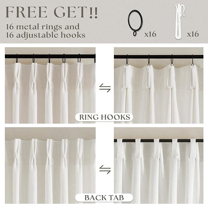 Pinch Pleated Linen 36 Inch Length Kitchen Curtains 2 Panels Set Privacy Light Filtering Semi Sheer Boho Small Curtains Bathroom Window Neutral Sheer Short Cream Ivory Drapes for Front Door RV Camper