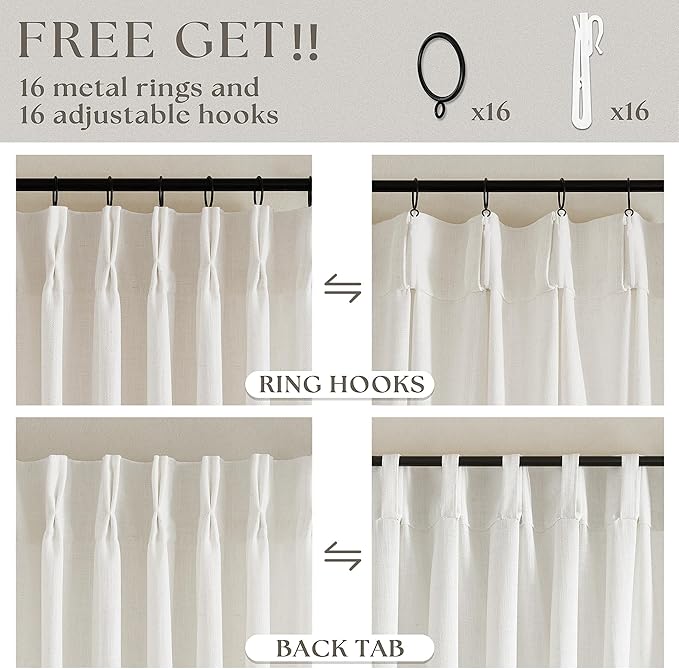 Cream Linen Cafe Curtains 24 Inch Length Pinch Pleated 2 Panels Set Farmhouse Short Kitchen Window Curtains Light Filtering Semi Sheer Pinch Pleat Back Tab Small Window Drapes for Bathroom Camper RV