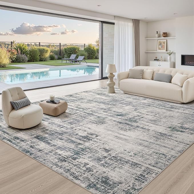 UERMEI 12x15 Area Rug for Living Room: Extra Large Neutral Abstract Carpet Modern Soft Low Pile Stain Resistant Washable for Open Floor Plan Bedroom Dining Office Kids Pets Friendly Gray