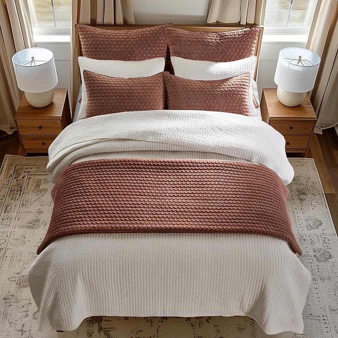 Levtex Home - Velvet Stitch Quilt Set - King Quilt and Two King Shams - Cross Stitch Velvet - Rust with White - Quilt (106x92in.) and Shams (20x36in.) - Reversible - Polyester