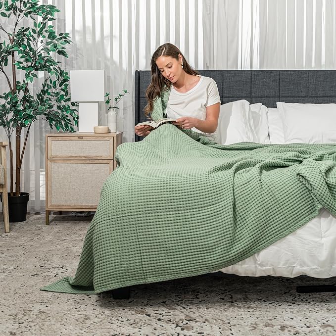 Comfy Cubs 100% Cotton Waffle Weave Throw Blanket Breathable Skin-Friendly Soft Lightweight Blankets - Perfect Warm Textured Blanket Layer - Size for Couch Bed & Sofa (Sage, 50" X 60")