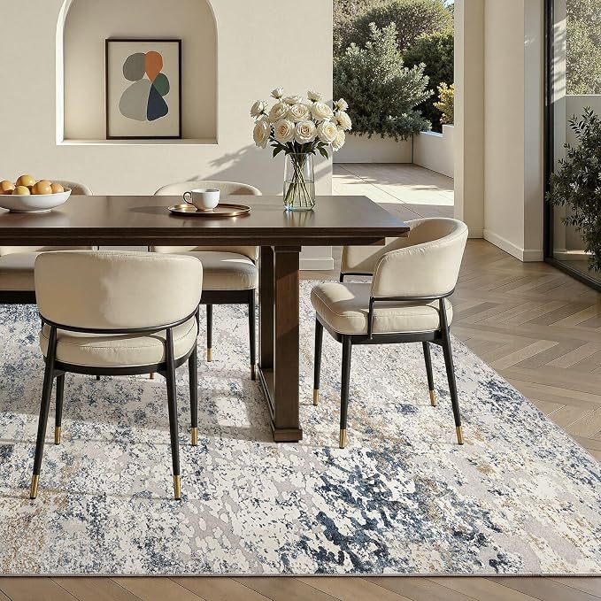 Area Rug Living Room Rugs - 5x7 Abstract Large Soft Indoor Washable Rug Neutral Modern Low Pile Carpet for Bedroom Dining Room Farmhouse Home Office - Beige Blue