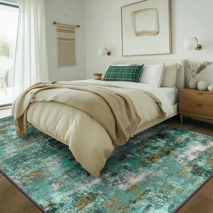 BEIMO Machine Washable Rug 9x12 Area Rugs for Living Room Bedroom, Large Turquoise Abstract Area Rug Soft Throw Rugs, Low-Pile Floor Carpet with Non Slip Rubber Backing