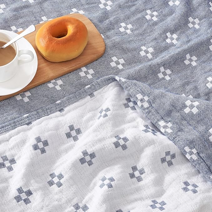 jinchan Boho 100% Cotton Blanket Muslin 50x60 Inches Lightweight 3-Layer Geometric Cross Pattern Reversible Quilt Throw Soft Breathable Comfy All Seasons for Couch Bed Decor, Blue