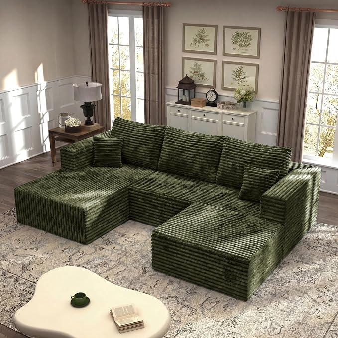 27.56'' Plush Fluffy Corduroy Poofy Ottoman in a Box for Boneless Sofa Couch, Modern Compressed Foot Rest, Small Comfy Rectangle Boneless Pouf Footstool Ottoman for Living Room, Bedroom, Olive Green