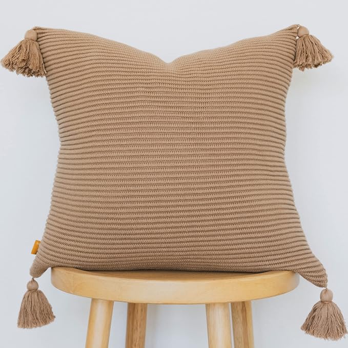 Cozy Soft Cotton Throw Pillow Cover with Ribbed Knit Texture and Tassel Corners Brings Depth and Warmth to Your Home Decor (20x20, Mocha)