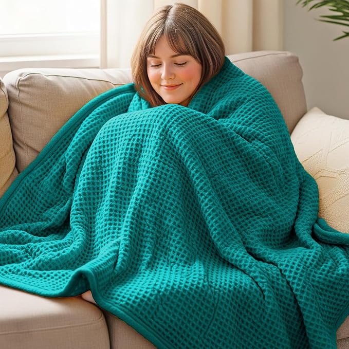THREAD SPREAD 100% Cotton Waffle Blanket Queen Size - Soft Lightweight Breathable Waffle Weave Queen Blanket for All Season, Textured Throw Blankets for Bed, Sofa, Hotel, Hospital - Teal