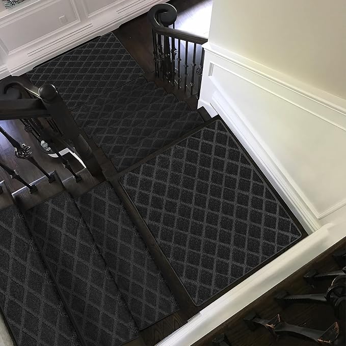 PURE ERA Bullnose Carpet Stair Treads Tape Free Non-Slip Indoor Stair Protectors Pet Friendly Stair Treads for Wooden Steps 9.5" x 30"(7 Pieces,Black Diamond Trellis)