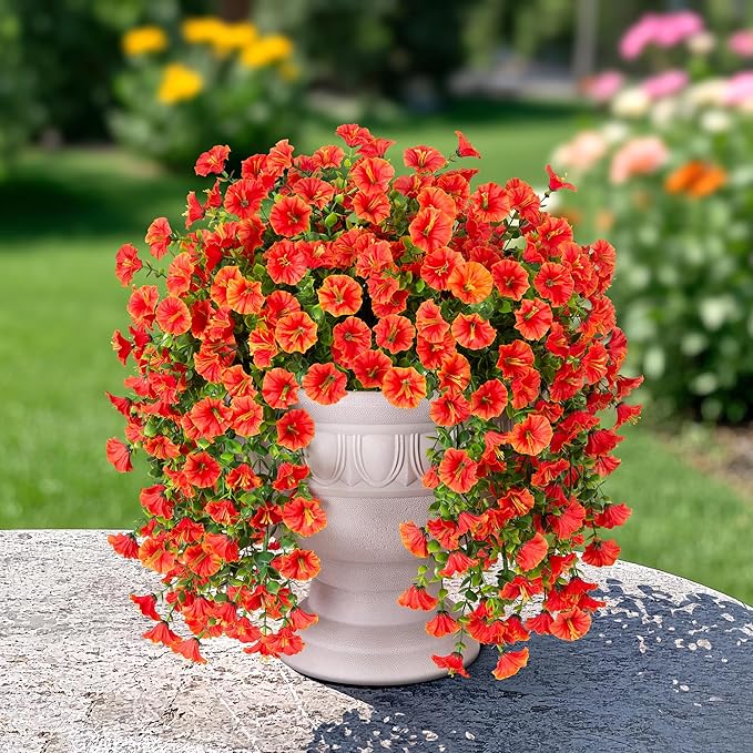 Artificial Faux Fall Hanging Flowers Plants for Outdoor Decor,2 PCS Fake Silk Morning Glory with Eucalyptus UV Resistant Realistic Mums for Wall Home Porch Patio Balcony Yard Indoor Decor, Orange