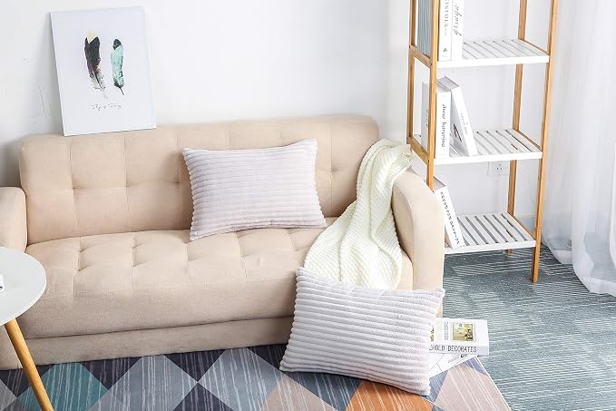 TangDepot Velvet Big Corduroy Pillow Covers 12x18 Light Grey 2-Pack | Soft wide-stripe corduroy pillow cover, hidden zipper, machine washable, easy refresh, for bedroom living room indoor outdoor