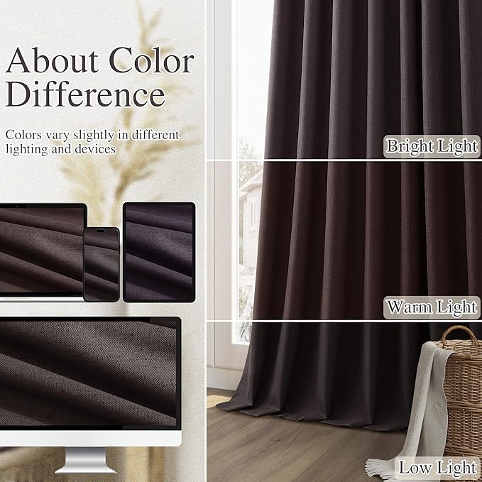 Guken 100% Blackout Curtains 108 Inch Length 2 Panels Set for Living Room Bedroom Back Tab Thermal Insulated Black Out Linen Drapes Room Darkening Cocoa Coffee,52x108