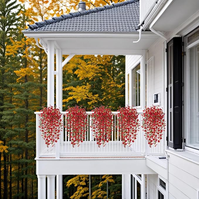 Ammyoo Artificial Hanging Flowers for Outdoors Fake Plants Decoration, 2 Pcs Faux Silk Daisy Flower Realistic Outdoor Flowers UV Resistant Porch Patio Window Yard Indoor Spring Decor(Red)