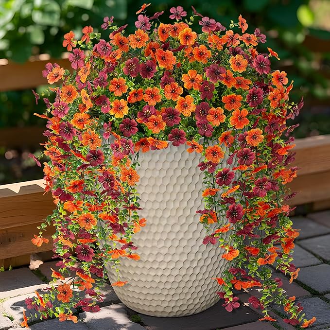 Ammyoo Artificial Hanging Flowers for Outdoors Fake Plants Decoration, 2 Packs Faux Silk Daisy Flower Realistic Outdoor Flowers UV Resistant Porch Patio Window Yard Indoor Spring Decor(Orange Brown)